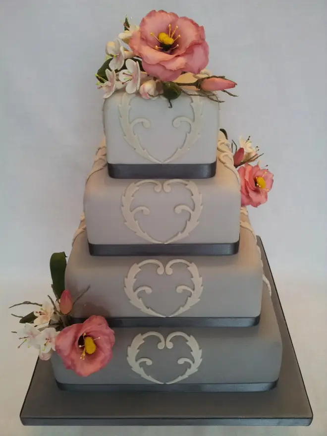 Grey Tones with Blush Flowers 4 Tier Wedding Cake