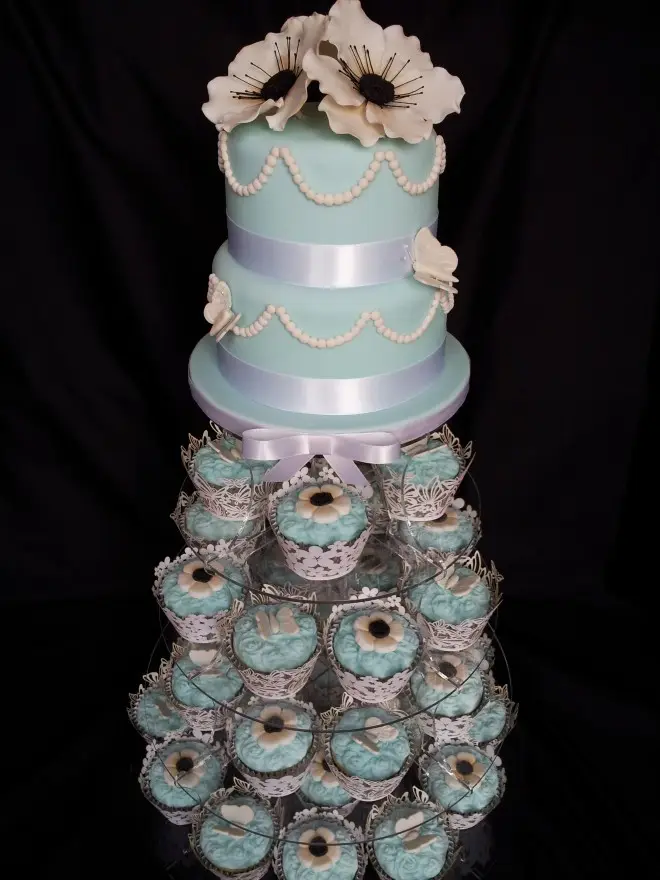 Mint Vintage 2 Tier Wedding Cake with Cupcake Tower