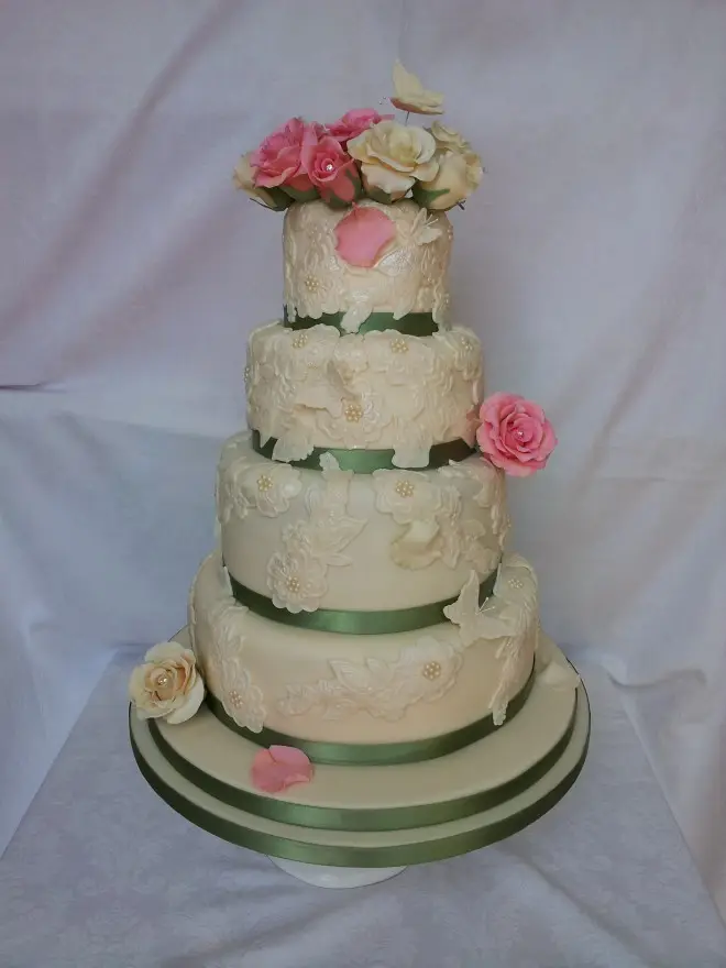 Elegant Vintage Ivory Lace with Sage Green, Pink and Cream Flowers with Flying Butterflies 3 Tier Wedding Cake