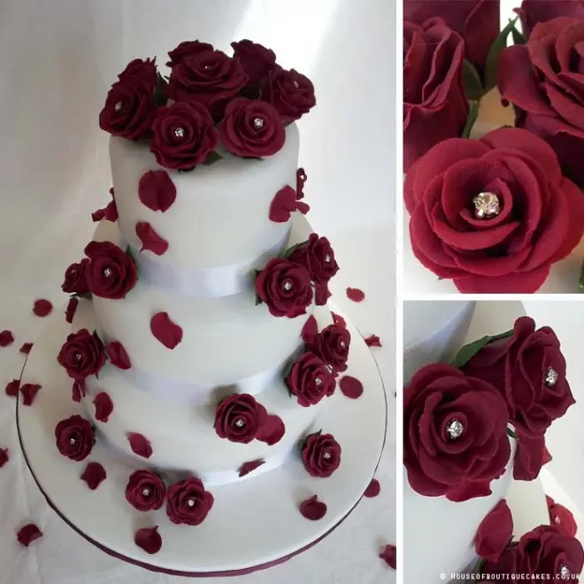 White and Burgandy with Falling Roses 3 Tier Wedding Cake